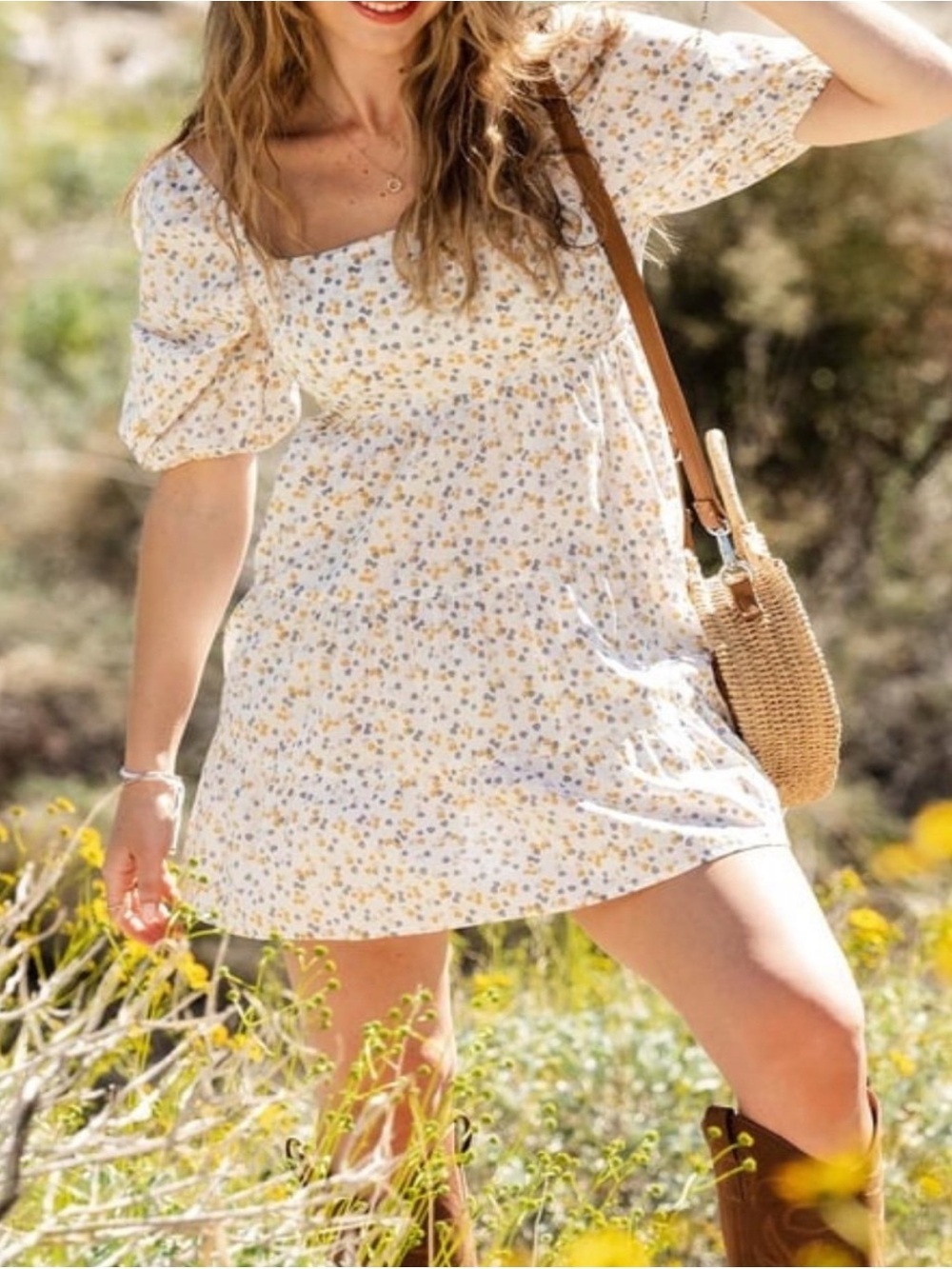 Altar’d State women’s puff sleeve floral print tiered sun dress size Medium